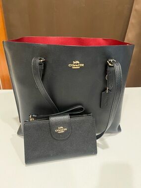 Coach Black Leather Tote with Red Interior and Matching Black Wristlet/Wallet